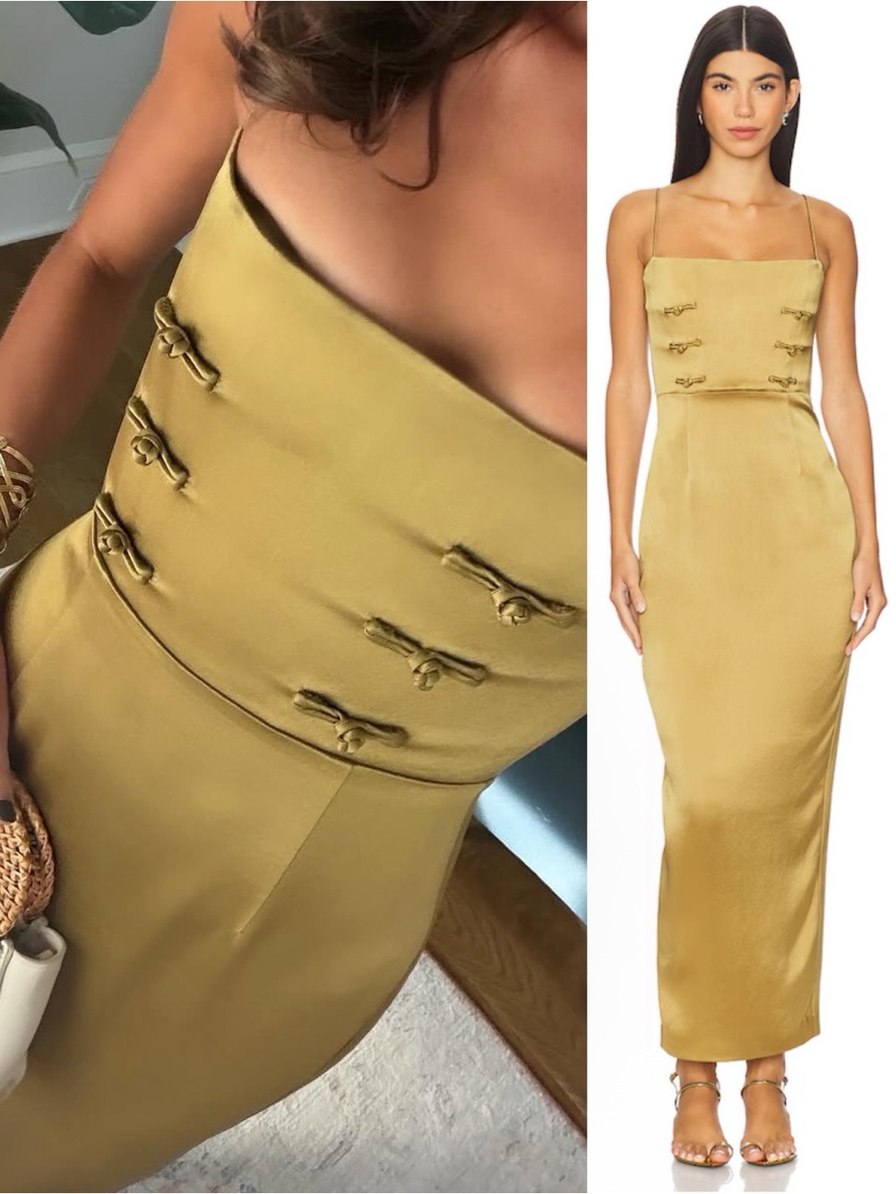 SAU Lee Taylor Knot Detail Column Dress Golden Olive NEW with tags